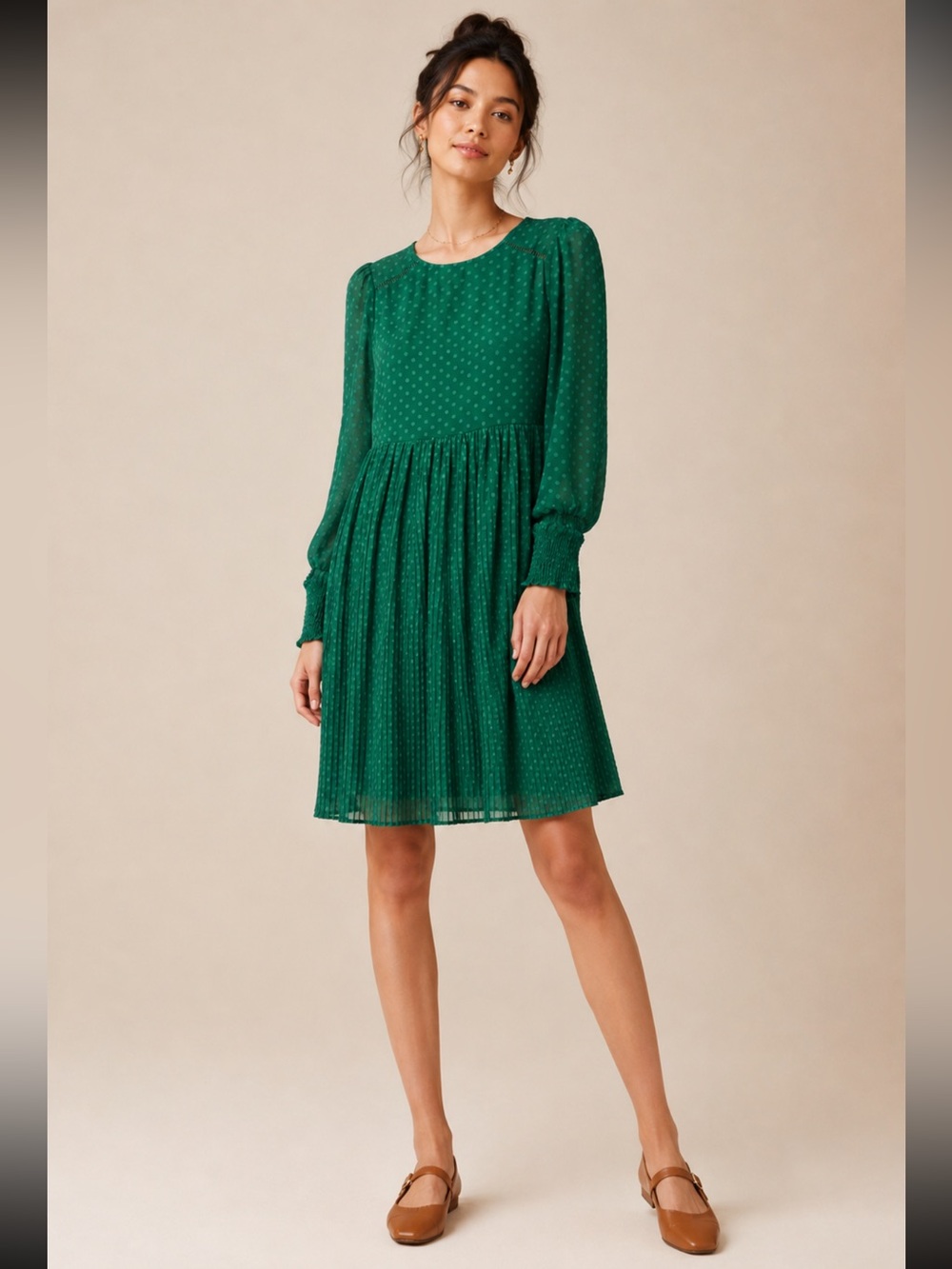 NWT Maeve By Anthropologie Dress Green Swiss Dot Long Sleeve Pleated size 4